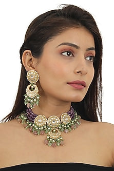 Gold Plated Purple Moti Choker Necklace Set