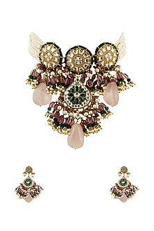 Gold Plated Green Stone & Moti Choker Necklace Set
