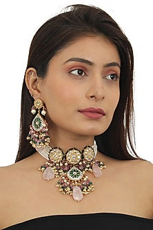 Gold Plated Green Stone & Moti Choker Necklace Set