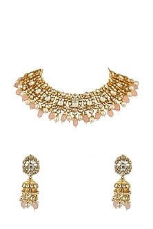 Gold Plated Light Pink Beaded Choker Necklace Set
