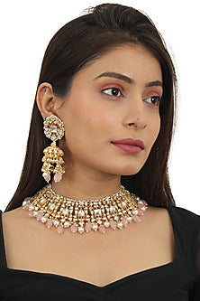 Gold Plated Light Pink Beaded Choker Necklace Set
