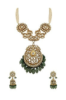 Gold Plated Sea Green Beaded Long Necklace Set
