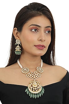 Gold Plated Sea Green Beaded Long Necklace Set