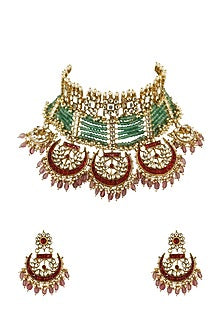 Gold Plated Red & Sea Green Jadtar Choker Necklace Set