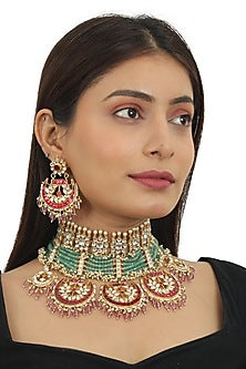 Gold Plated Red & Sea Green Jadtar Choker Necklace Set