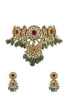 Gold Plated Pink & White Stone Choker Necklace Set