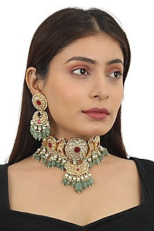 Gold Plated Pink & White Stone Choker Necklace Set
