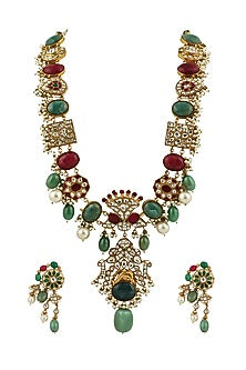 Gold Plated Sea Green Beaded Long Necklace Set