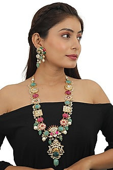 Gold Plated Sea Green Beaded Long Necklace Set
