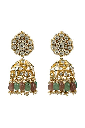 Gold Plated Sea Green & Pastel Pink Beaded Jhumka Earrings