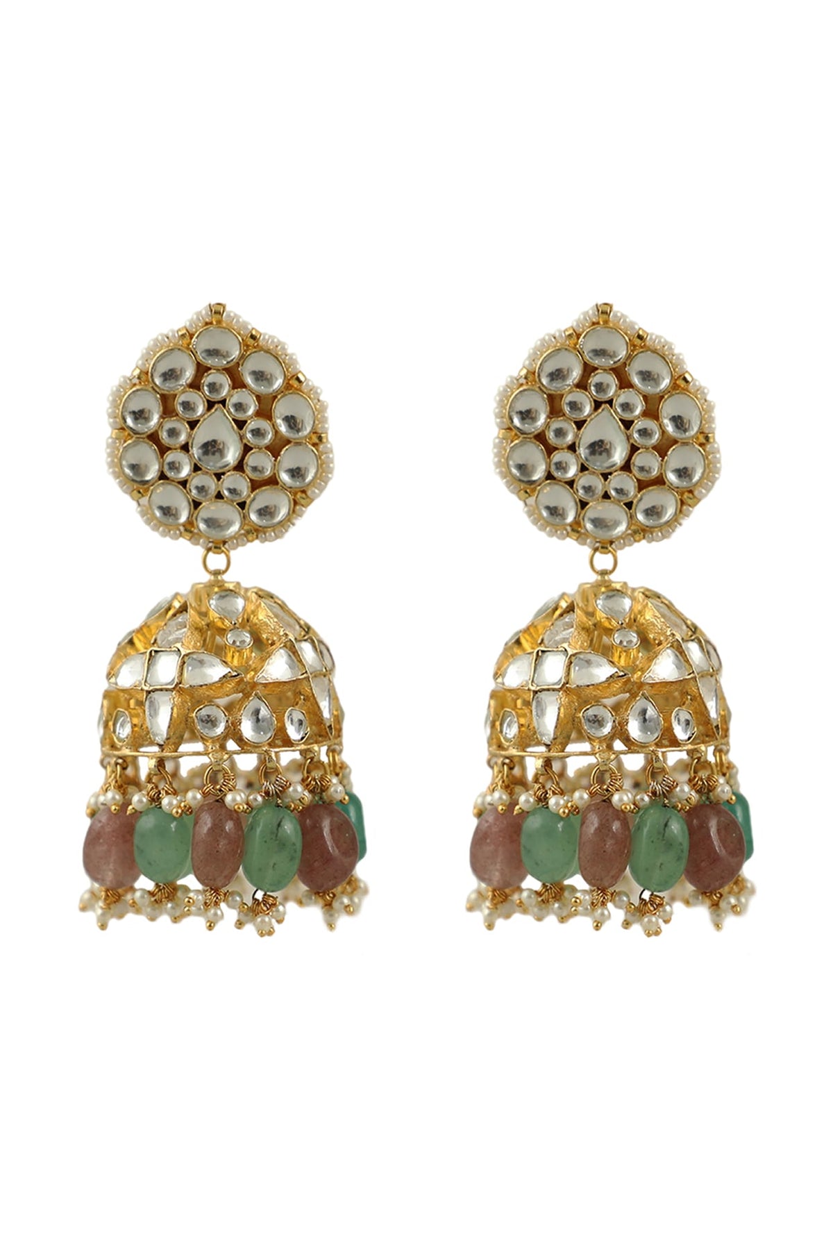 Gold Plated Sea Green & Pastel Pink Beaded Jhumka Earrings