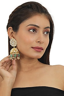 Gold Plated Sea Green & Pastel Pink Beaded Jhumka Earrings