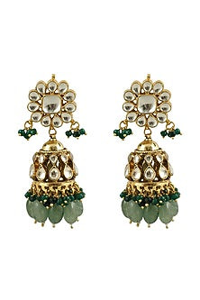 Gold Plated Sea Green & Dark Green Beaded Jhumka Earrings