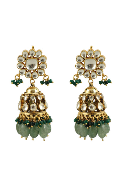 Gold Plated Sea Green & Dark Green Beaded Jhumka Earrings