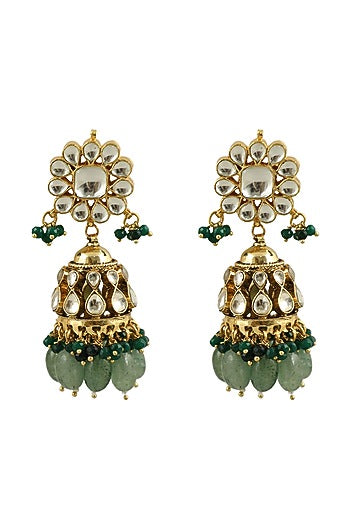 Gold Plated Sea Green & Dark Green Beaded Jhumka Earrings