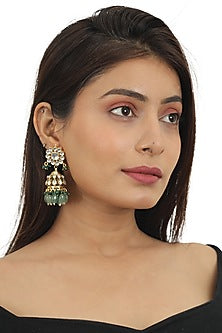 Gold Plated Sea Green & Dark Green Beaded Jhumka Earrings