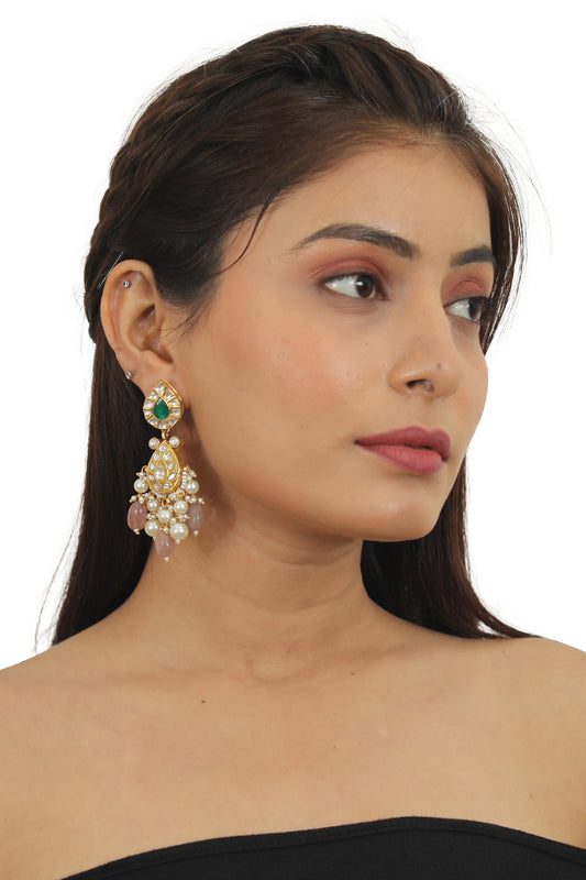 Gold Plated Pearl & Pastel Pink Beaded Meenakari Dangler Earrings