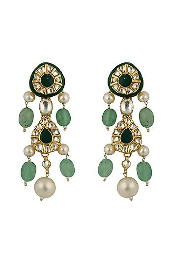 Gold Plated Pearl & Sea Green Beaded Meenakari Dangler Earrings