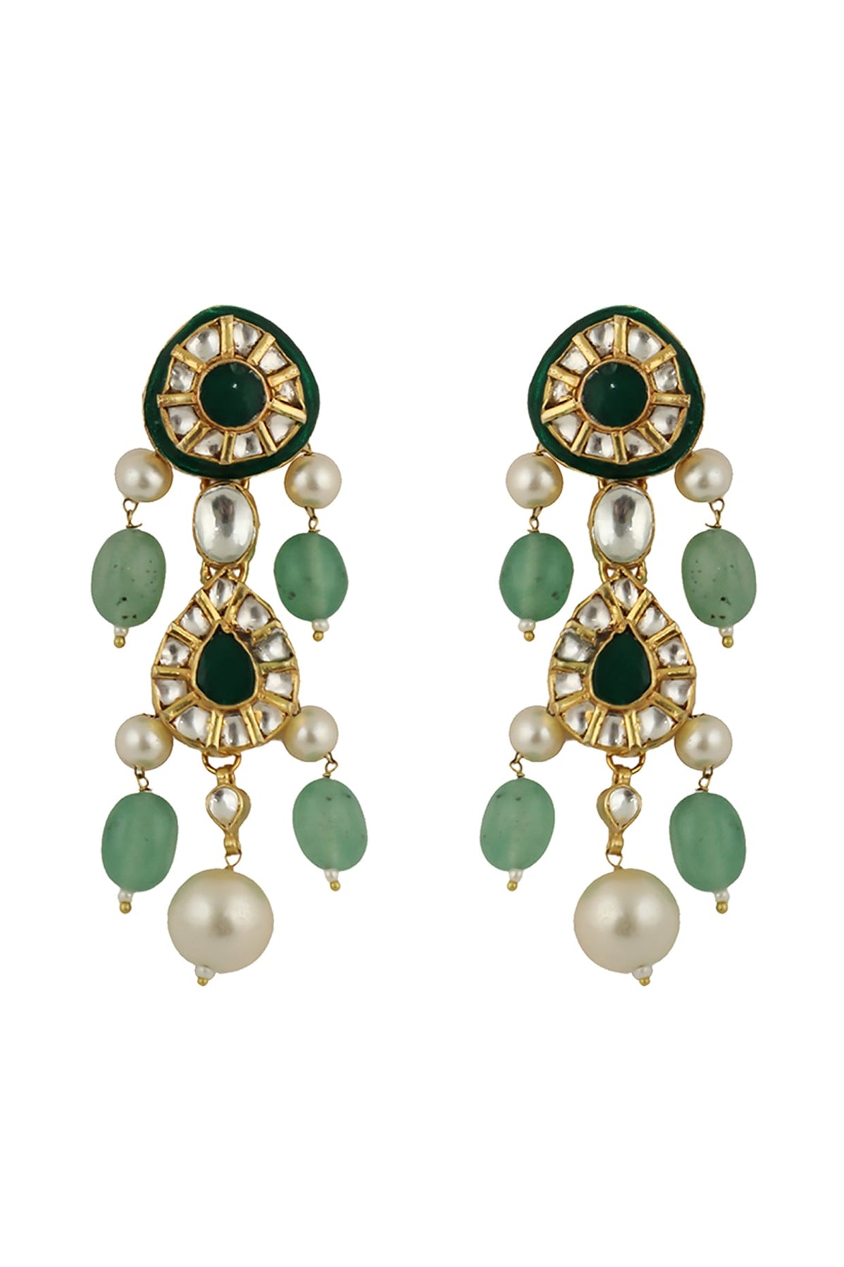 Gold Plated Pearl & Sea Green Beaded Meenakari Dangler Earrings