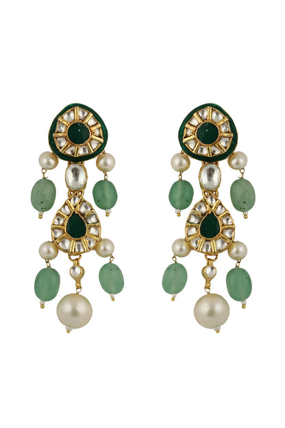 Gold Plated Pearl & Sea Green Beaded Meenakari Dangler Earrings