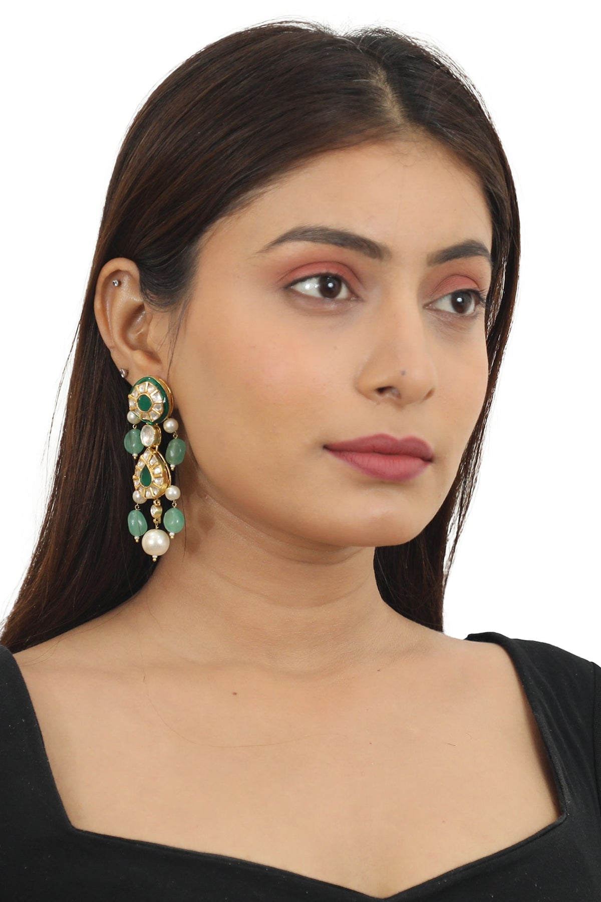 Gold Plated Pearl & Sea Green Beaded Meenakari Dangler Earrings