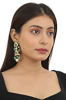 Gold Plated Pearl & Sea Green Beaded Meenakari Dangler Earrings