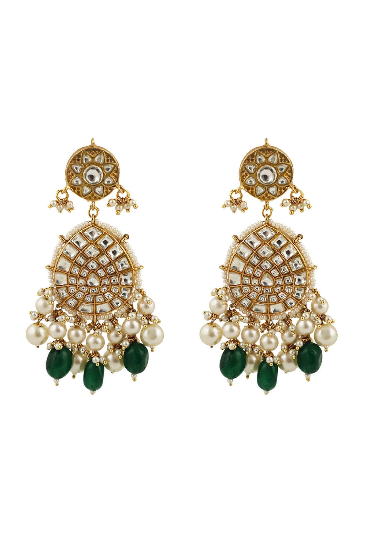 Gold Plated Stone & Green Beaded Dangler Earrings
