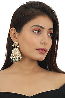 Gold Plated Stone & Green Beaded Dangler Earrings