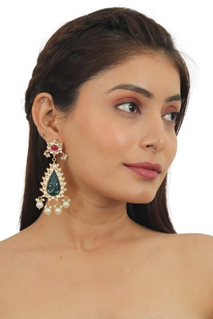 Gold Plated Pearl & Jadtar Dangler Earrings