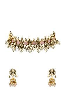 Gold Plated Pink Jadtar Choker Necklace Set