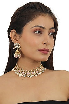 Gold Plated Pink Jadtar Choker Necklace Set