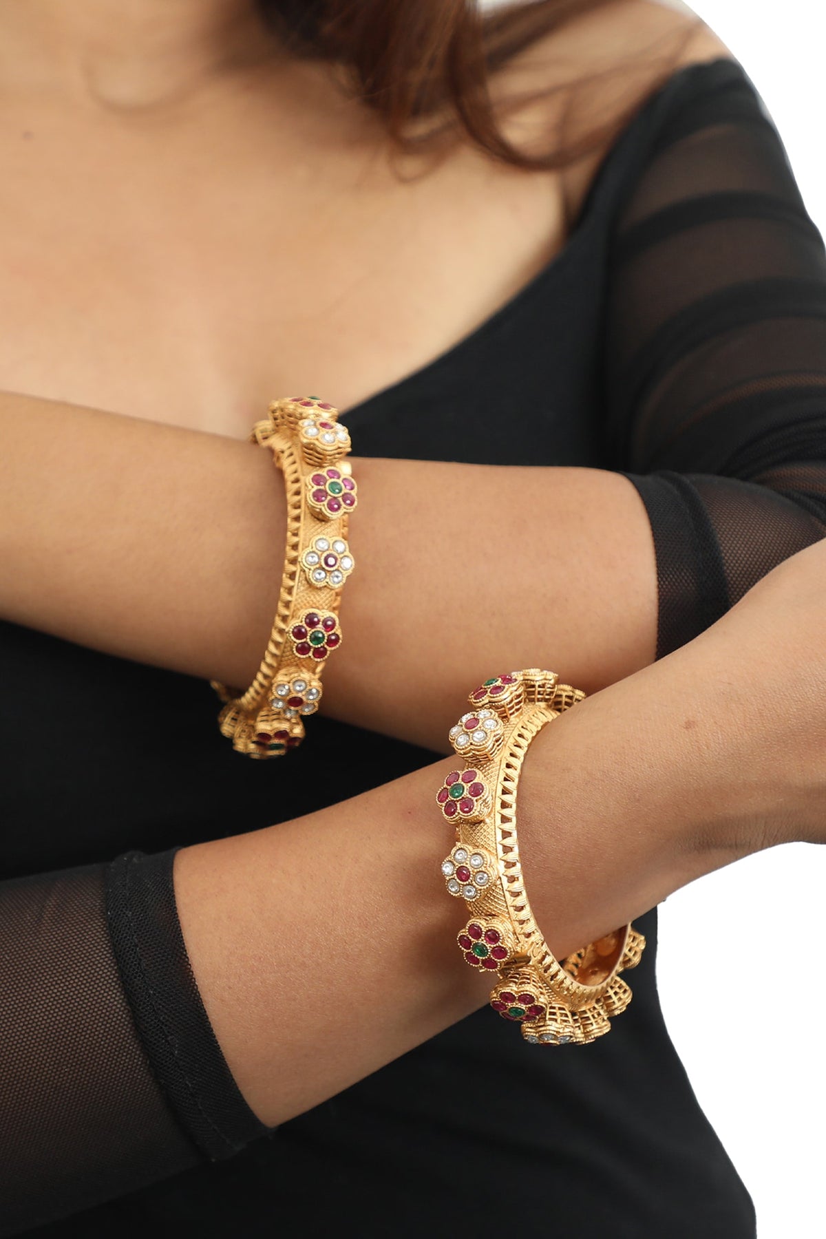 Gold Plated Jadtar Stones Bangles (Set Of 2)