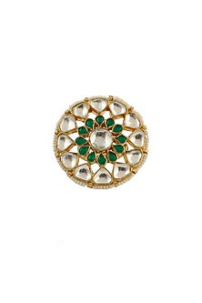 Gold Plated White & Green Jadtar Stones Ring