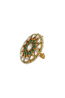 Gold Plated White & Green Jadtar Stones Ring