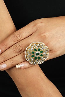 Gold Plated Floral Jadtar Stones Ring