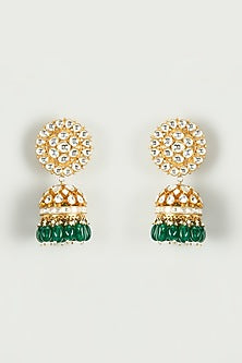 Gold Plated Jadtar Stone & Green Beaded Jhumka Earrings
