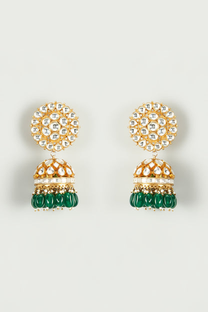 Gold Plated Jadtar Stone & Green Beaded Jhumka Earrings