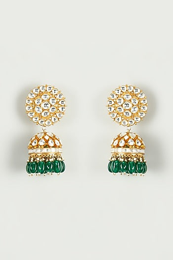 Gold Plated Jadtar Stone & Green Beaded Jhumka Earrings