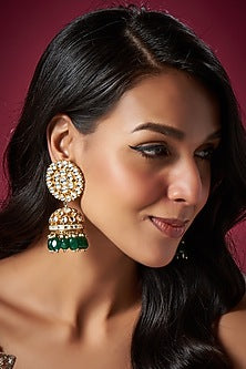 Gold Plated Jadtar Stone & Green Beaded Jhumka Earrings