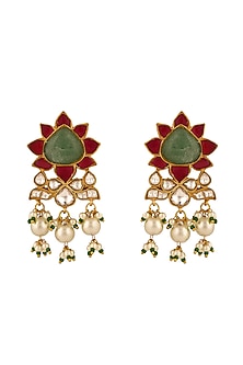 Matte Gold Plated Mint Green Jadtar Stone & Pearl Dangler Earrings