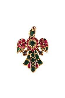 Matte Gold Plated Pink & Green Jadtar Stone Peacock Ring