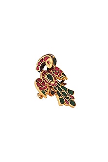 Matte Gold Plated Pink & Green Jadtar Stone Peacock Ring