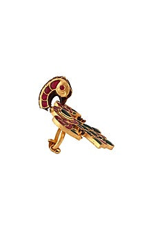 Matte Gold Plated Pink & Green Jadtar Stone Peacock Ring