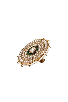 Matte Gold Plated Green Jadtar Stone & Pearl Floral Ring