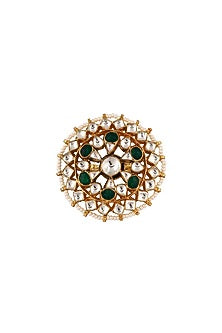 Matte Gold Plated Green Jadtar Stone & Pearl Ring