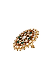 Matte Gold Plated Green Jadtar Stone & Pearl Ring