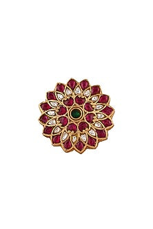 Matte Gold Plated Green & Pink Jadtar Stone Ring