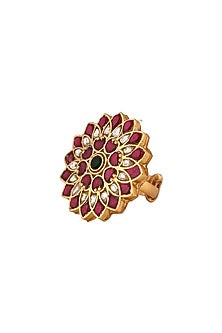 Matte Gold Plated Green & Pink Jadtar Stone Ring