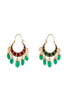 Matte Gold Plated Pink & Green Jadtar Stone Chandbali Earrings
