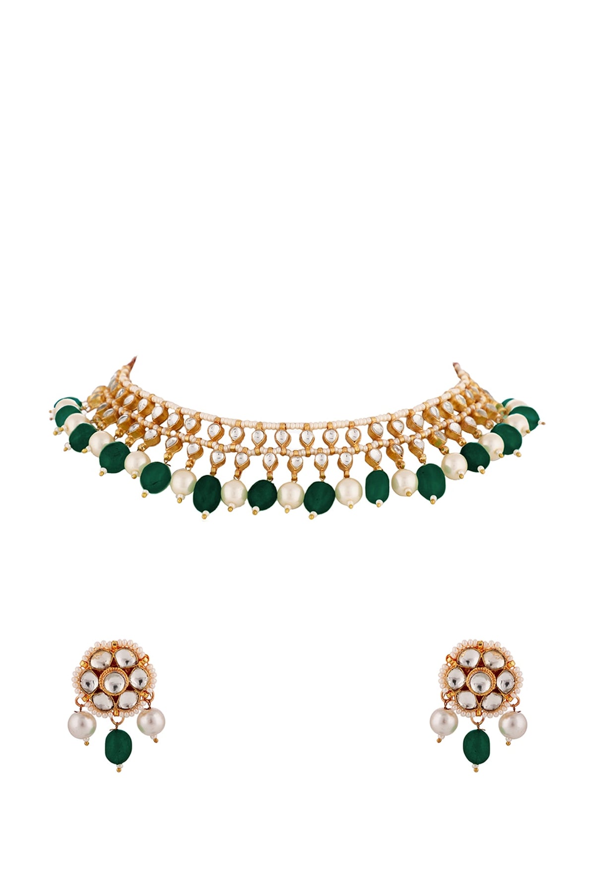 Matte Gold Plated Green Beaded & Jadtar Stone Choker Necklace Set